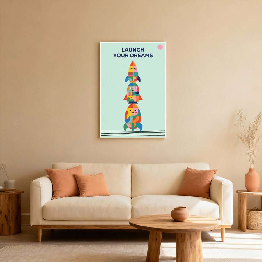 Launch Your Dreams rocket canvas wall art above cream sofa in warm living room