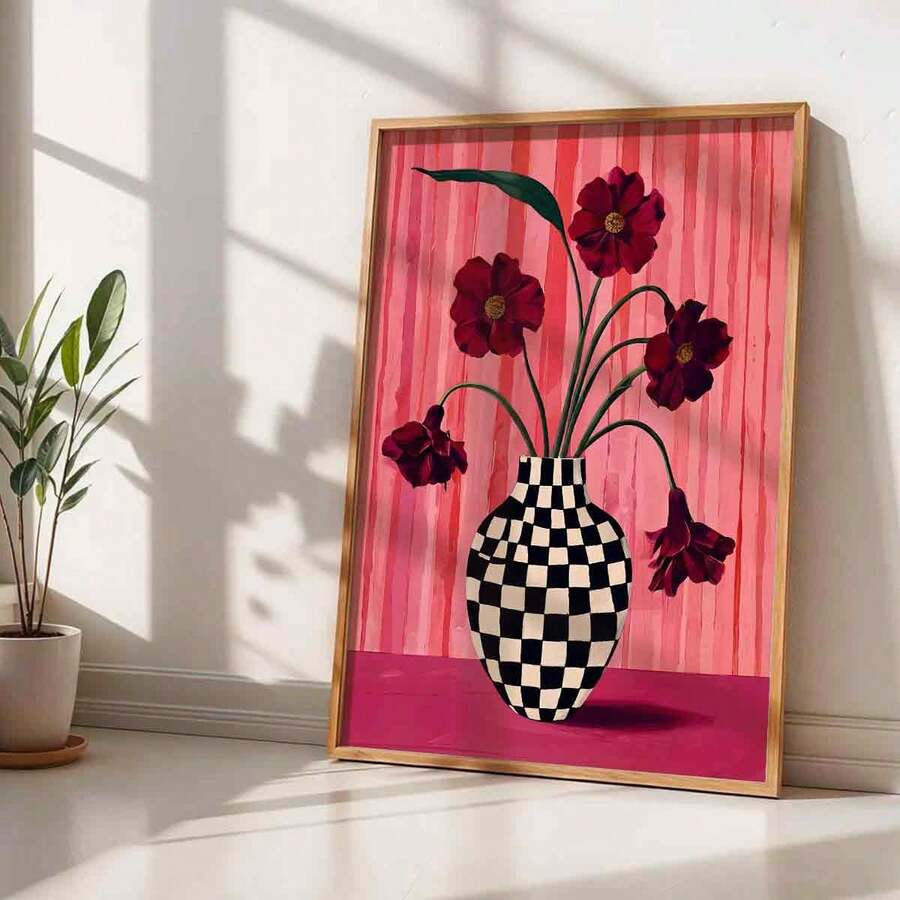 Berry pink floral vase and black cream checkerboard canvas poster in a sunlit wood frame