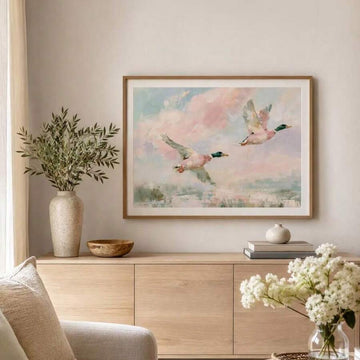 Flying mallard duck canvas poster in a light wood living room display