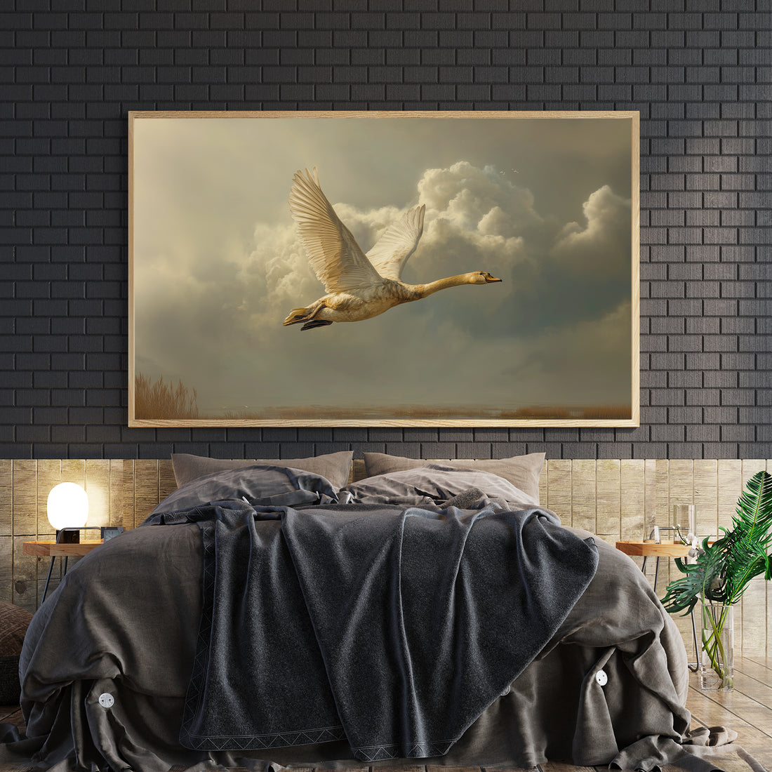 Capture the elegance of nature with this striking canvas wall art featuring a graceful flying swan set against a dramatic, moody sky. The dynamic composition draws the eye upward, creating visual interest and depth that transforms any room. Perfect for living rooms, bedrooms, or spaces above sofas, this piece brings sophistication and tranquility to your home decor