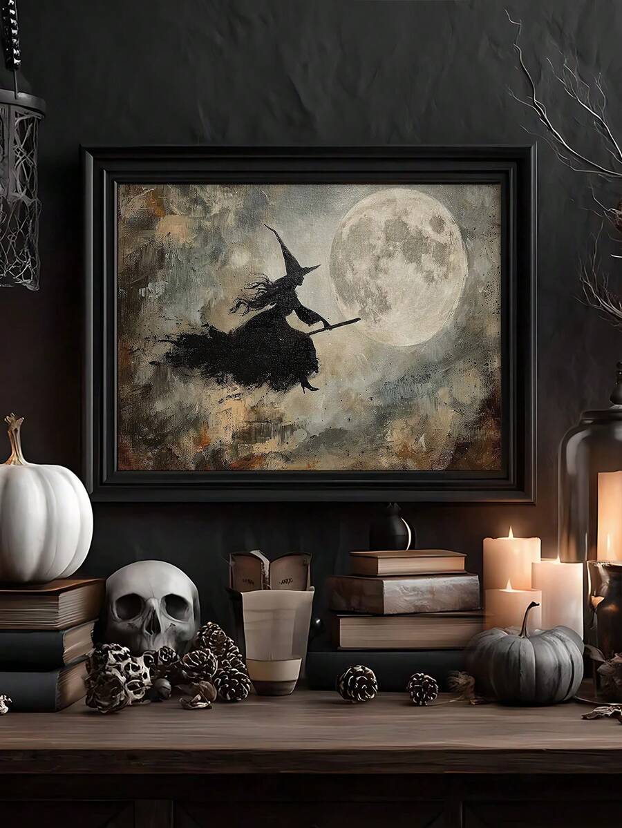 Flying witch silhouette crossing a full moon in black framed Halloween wall art