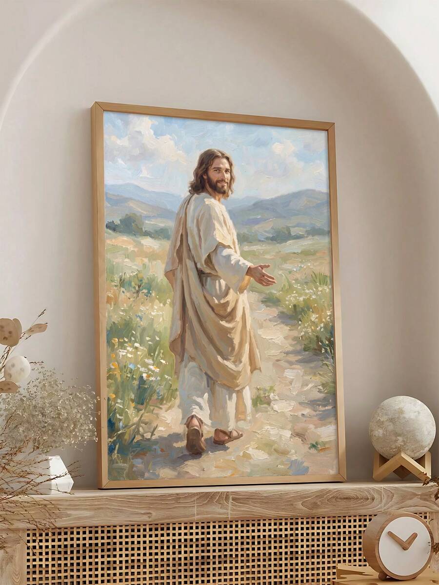 "Follow Christ" Jesus & Lamb Walking Path Oil Painting Canvas Poster