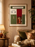 FOTOAUTOMAT photo booth poster above a cozy living room sofa with red retro details