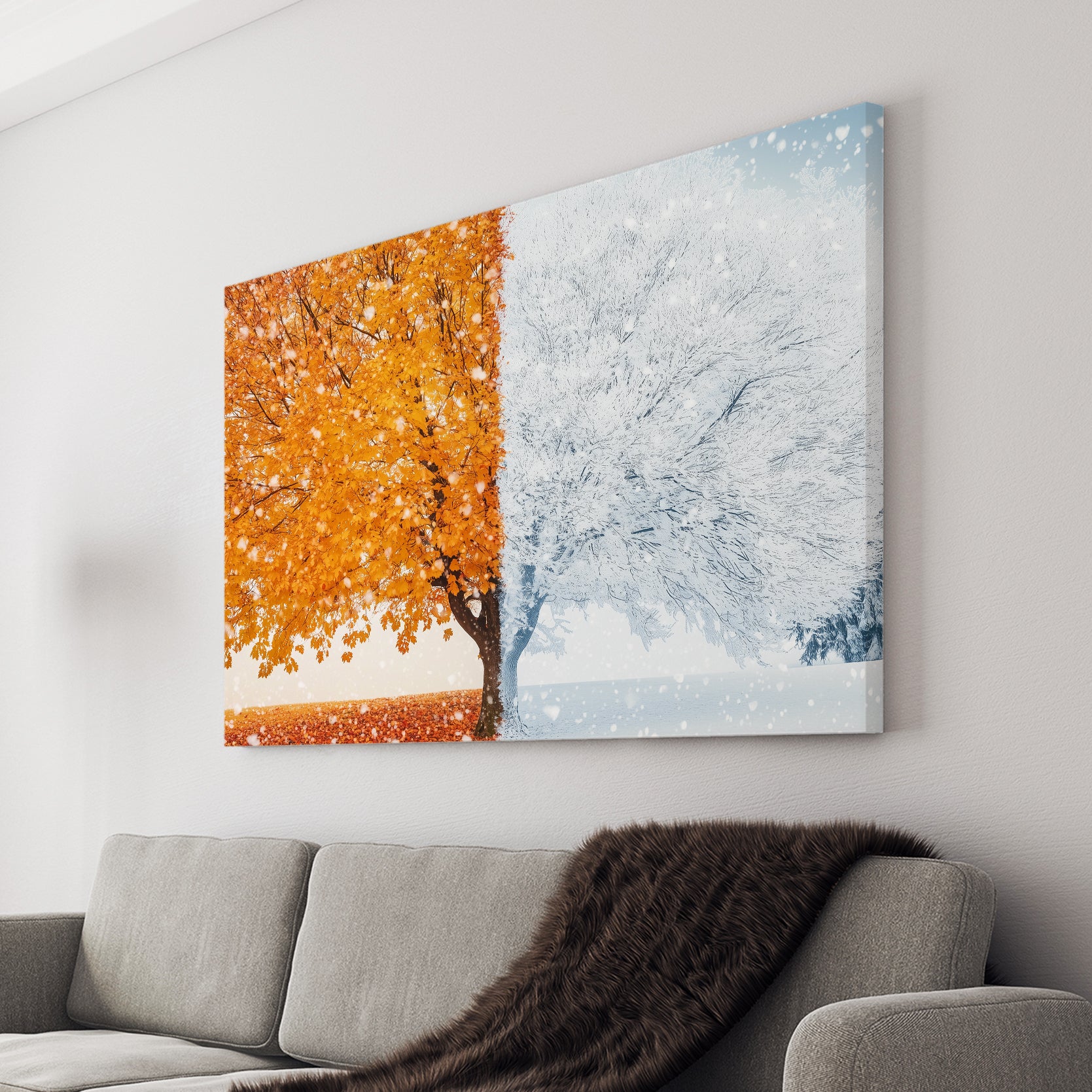 Transform your space into a tranquil oasis with our Four Seasons Tree Canvas Wall Art. This stunning piece features a split scene of autumn, fall, and winter, creating a peaceful ambiance in any room. Perfect for living rooms, sofas, and bedside decor. Elevate your home with this luminous and elegant addition.
