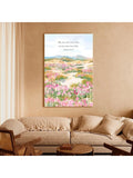 Psalm 62:5 floral meadow canvas wall art displayed above beige sofa in warm living room