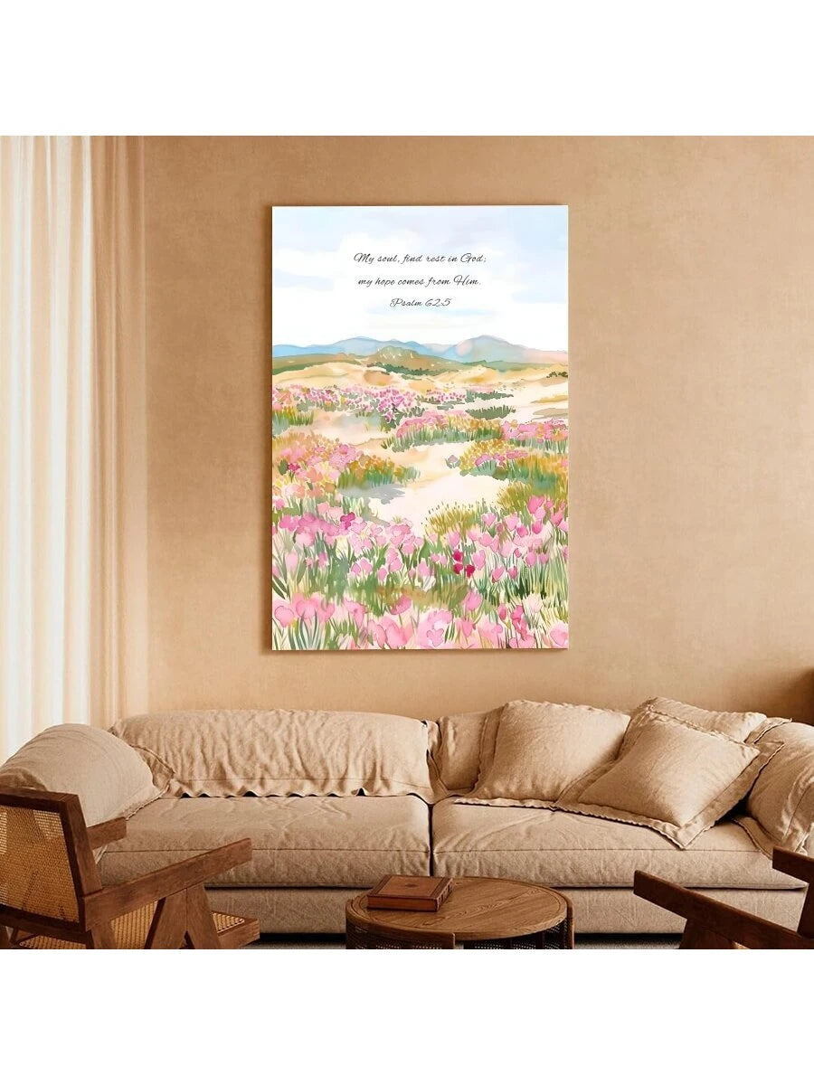Psalm 62:5 floral meadow canvas wall art displayed above beige sofa in warm living room