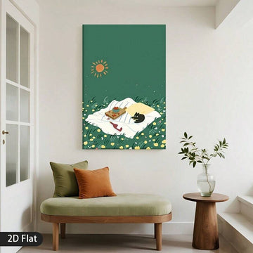 Black cat wall art above bench with green picnic scene sun flowers and white blanket