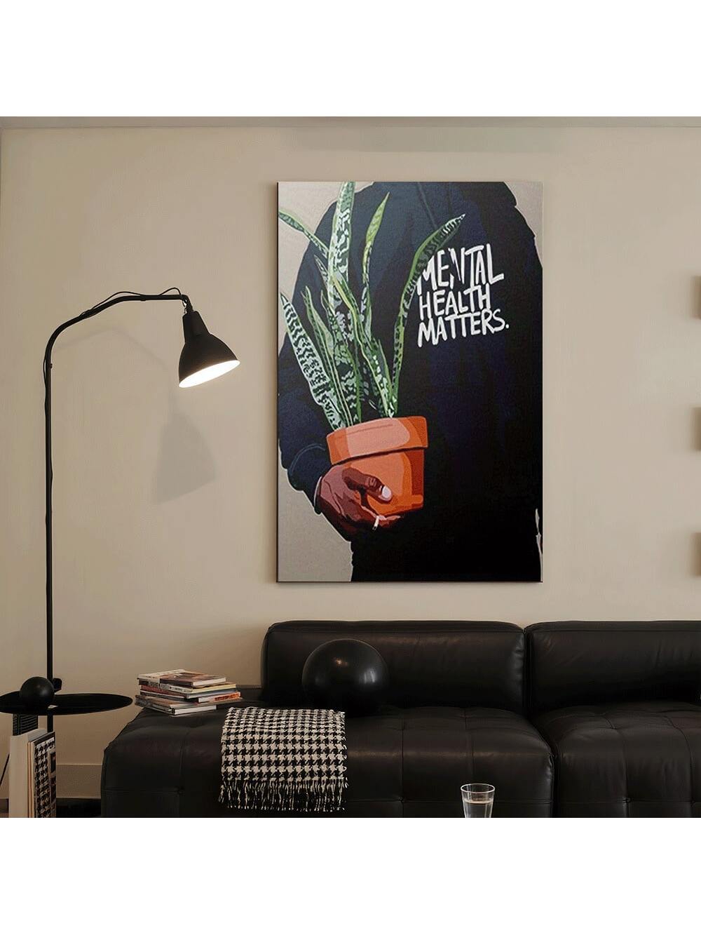 Elevate your space with this striking framed wall art that merges meaningful messaging with contemporary design. Featuring bold typography celebrating mental health awareness, this piece combines minimalist aesthetics with authentic African heritage elements, creating a powerful visual statement. 