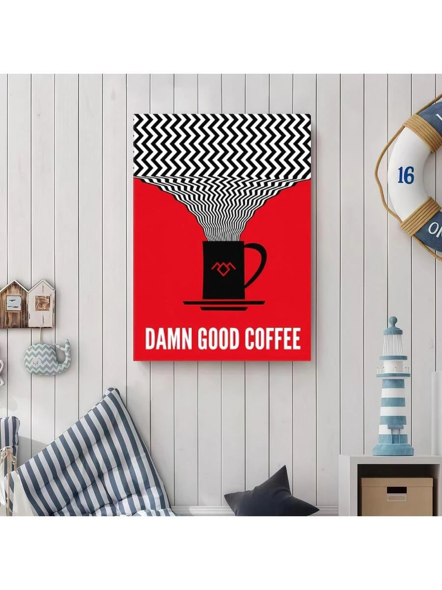 Red Damn Good Coffee wall art with black mug and zigzag steam on paneled wall