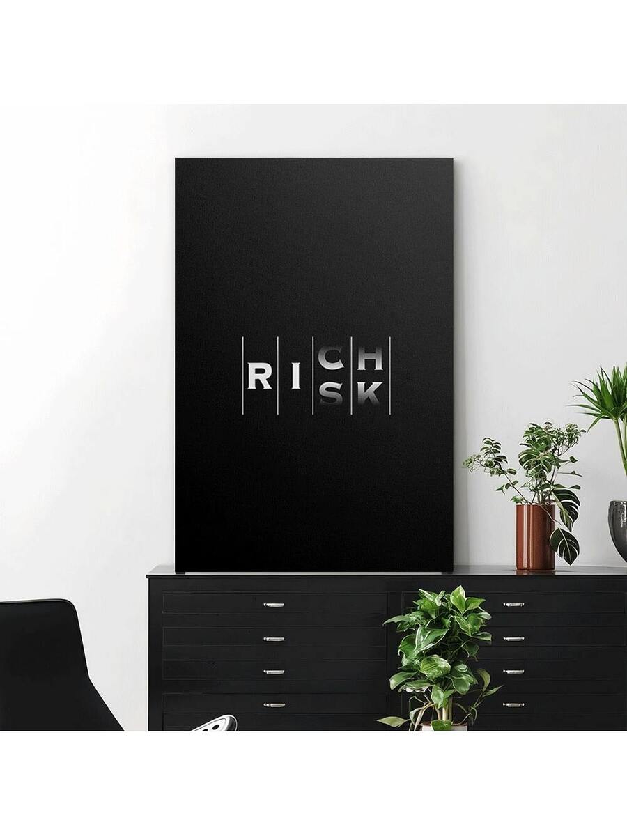 Framed No Risk No Rich motivational canvas wall art in black and white typography