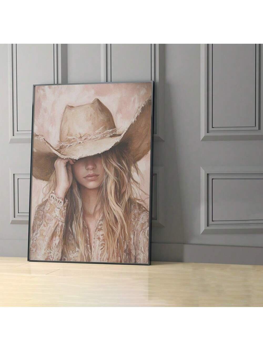This framed canvas painting captures the rugged charm of a cowboy hat paired with flowing long hair, blending rustic elements with refined artistry. Perfect for enhancing any living space or office, it adds a distinctive aesthetic that complements diverse decor styles. Crafted with attention to detail, this artwork serves as a sophisticated focal point, suitable for all occasions and environments seeking a touch of Western-inspired elegance.