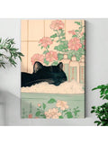 Elevate your living space with this framed canvas poster featuring a black cat immersed in a bath, set against a delicate floral background rendered in the traditional Ukiyo-E style. This artwork blends classic Japanese aesthetics with contemporary charm, making it an ideal piece for both living rooms and bedrooms.