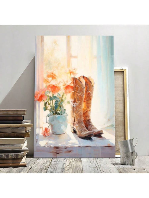 Cowboy boots floral still life Impressionist framed canvas wall art