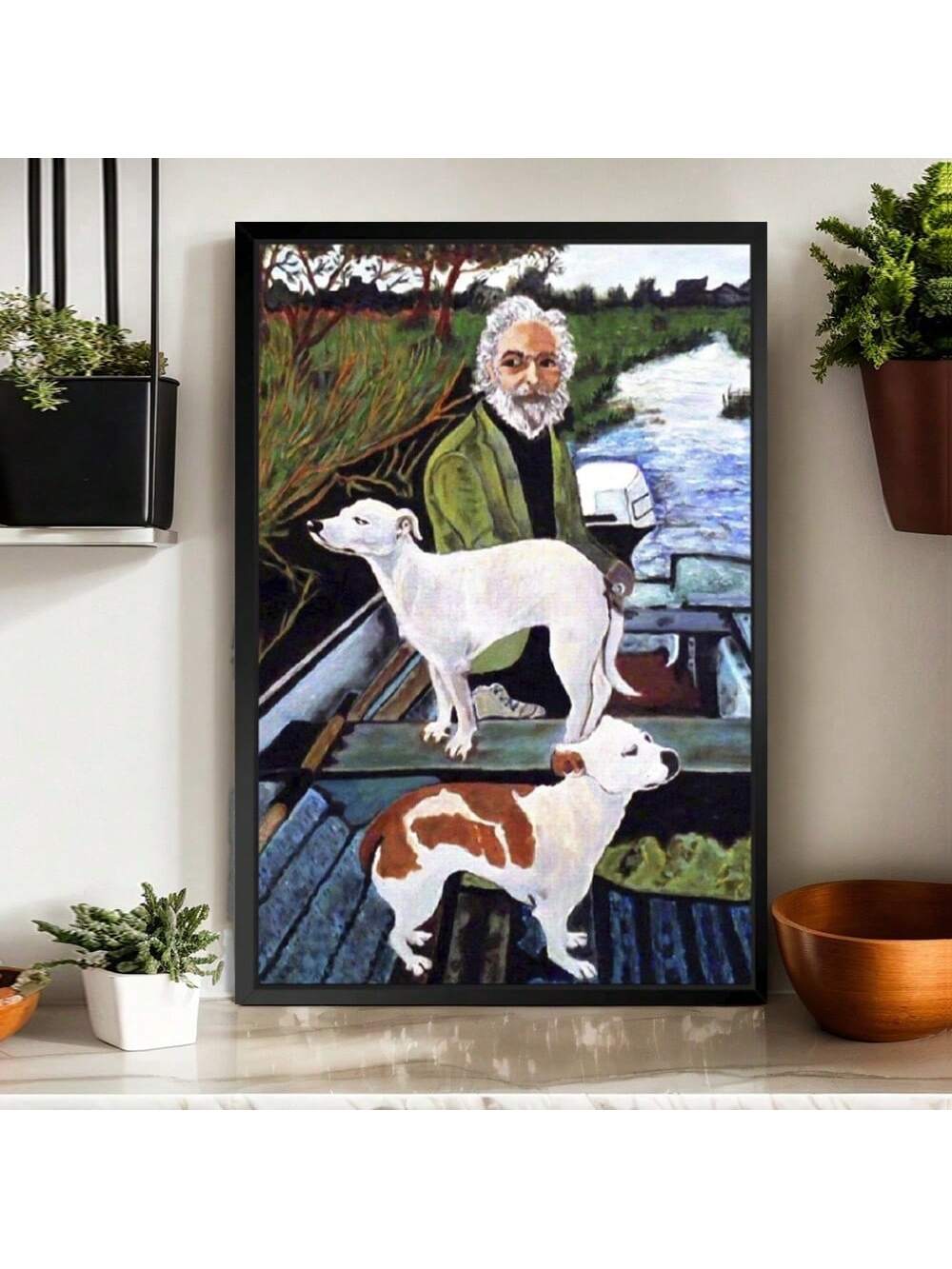 This framed movie poster features a scenic motorboat art of a man in a boat with his dogs, enclosed in a sleek black wood frame. A perfect addition to any room, this poster adds a touch of adventure and elegance to your home decor.