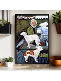 This framed movie poster features a scenic motorboat art of a man in a boat with his dogs, enclosed in a sleek black wood frame. A perfect addition to any room, this poster adds a touch of adventure and elegance to your home decor.