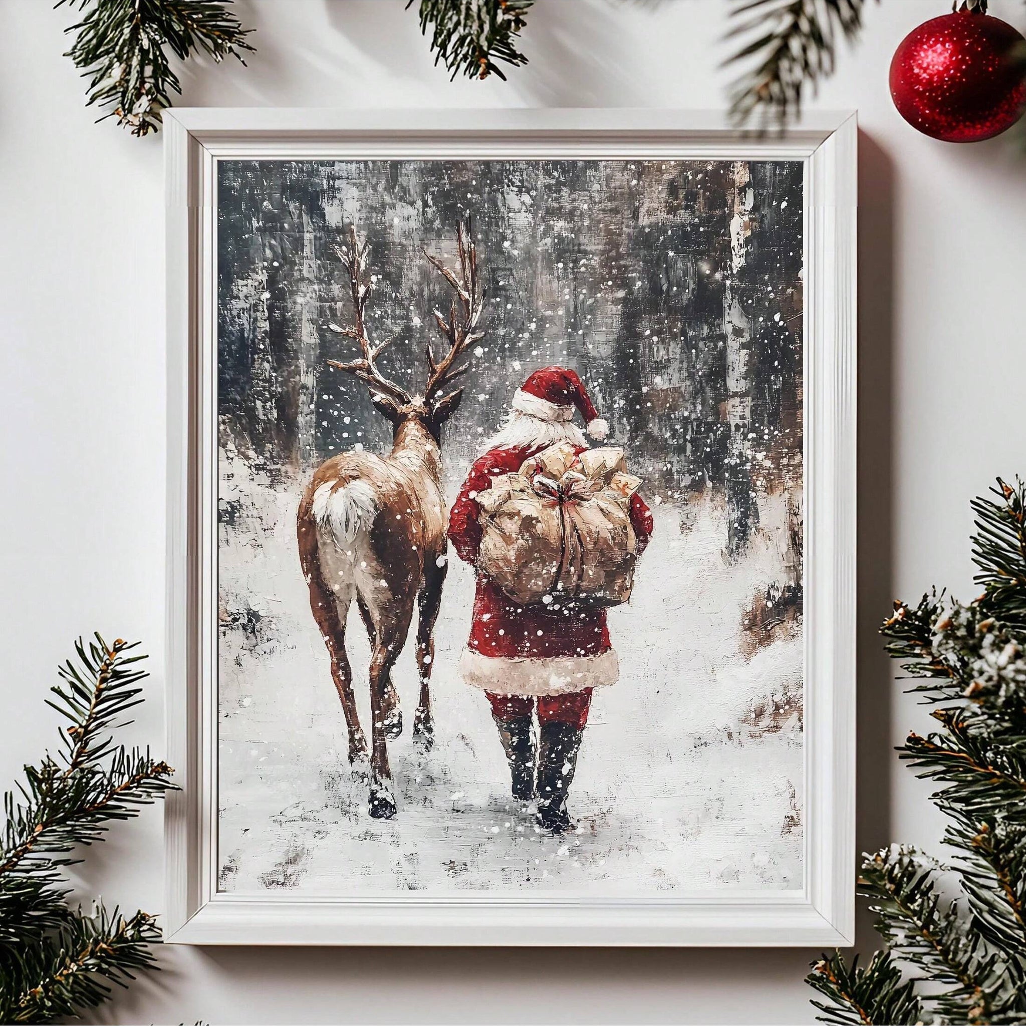 Bring festive warmth to your home with this expertly crafted framed wall art featuring Santa and his reindeer in a serene winter forest setting. The detailed composition captures the magic of the season, making it an ideal focal point for living rooms, bedrooms, or entryways. High-quality framing protects the artwork while complementing any décor style, from traditional to contemporary. This timeless piece celebrates holiday spirit year after year, transforming your space into a winter wonderland. Whether y