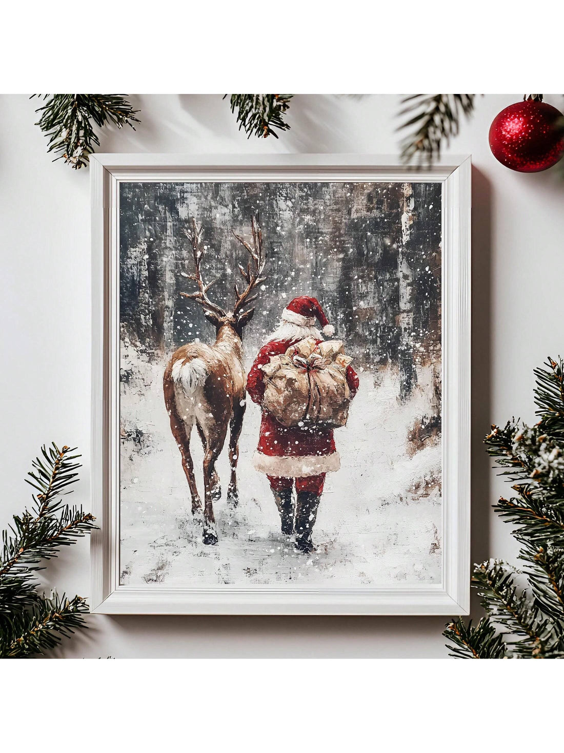 Bring festive warmth to your home with this expertly crafted framed wall art featuring Santa and his reindeer in a serene winter forest setting. The detailed composition captures the magic of the season, making it an ideal focal point for living rooms, bedrooms, or entryways. High-quality framing protects the artwork while complementing any décor style, from traditional to contemporary. This timeless piece celebrates holiday spirit year after year, transforming your space into a winter wonderland. Whether y