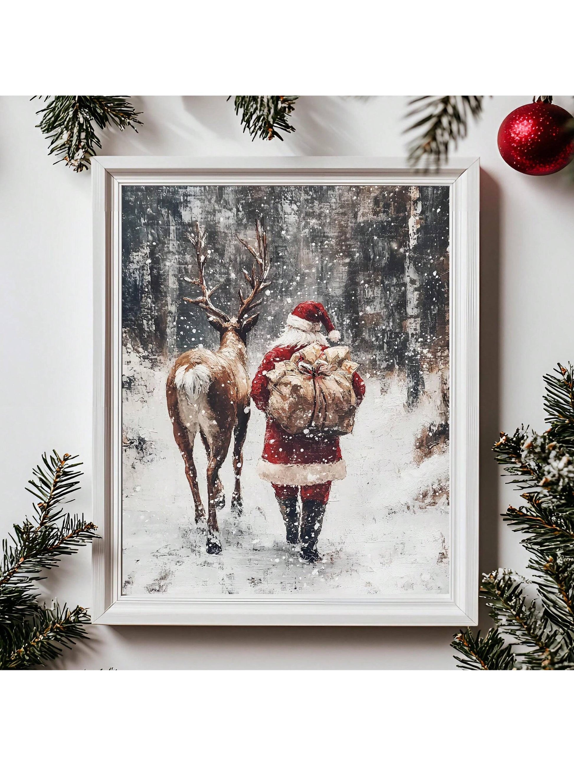 Bring festive warmth to your home with this expertly crafted framed wall art featuring Santa and his reindeer in a serene winter forest setting. The detailed composition captures the magic of the season, making it an ideal focal point for living rooms, bedrooms, or entryways. High-quality framing protects the artwork while complementing any décor style, from traditional to contemporary. This timeless piece celebrates holiday spirit year after year, transforming your space into a winter wonderland. Whether y