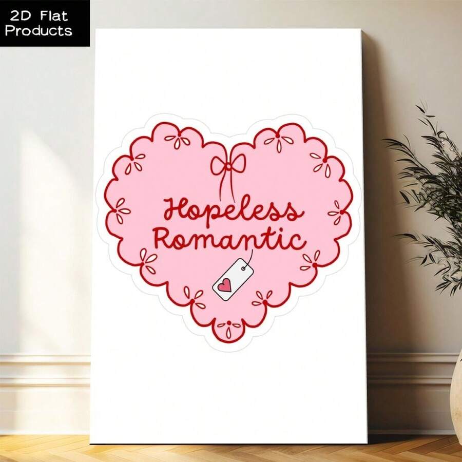 Hopeless Romantic pink heart canvas leaning in room with red text and tag icon on white background