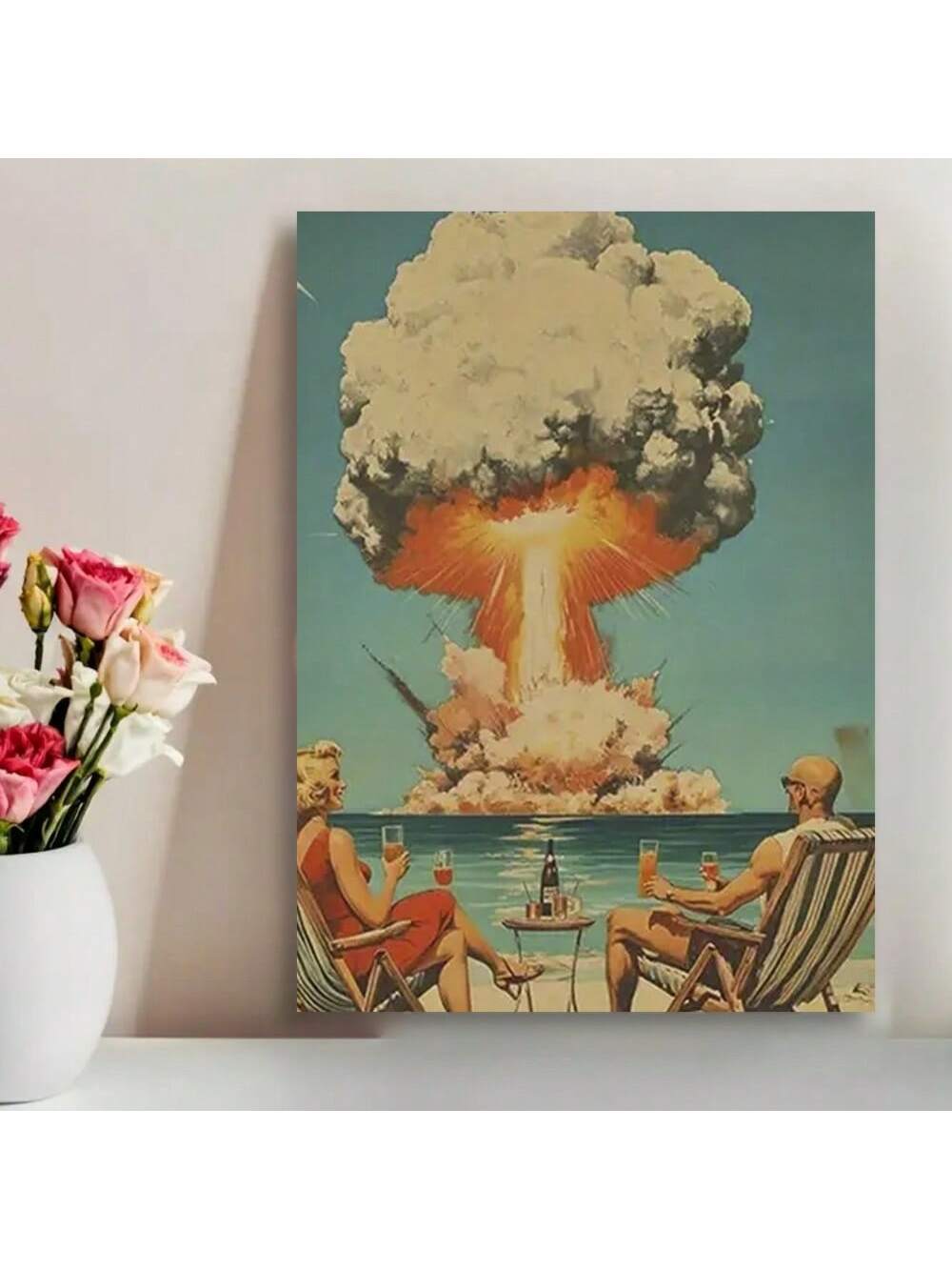 Enhance your home decor with this unique framed canvas poster featuring a vintage atomic bomb mushroom cloud in a surreal beach scene. Add a touch of history and intrigue to your space while bringing in a sense of creativity and individuality. A perfect addition for any art lover or history enthusiast.
