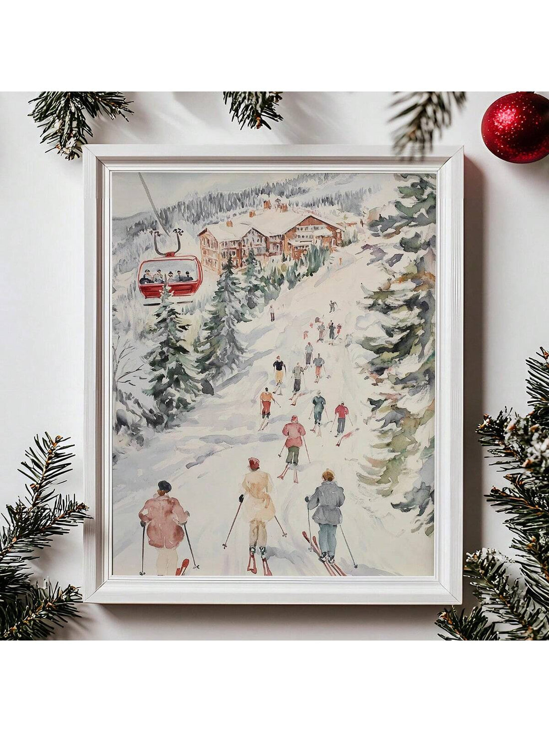 Bring the serene beauty of alpine landscapes into your home with this exquisite framed canvas art. Rendered in soft, vintage watercolour tones, this winter skiing scene captures the tranquility of snow-covered slopes and captures the essence of mountain solitude. The carefully curated colour palette—muted blues, warm creams, and gentle greys—complements any interior aesthetic while evoking the peaceful nostalgia of classic winter imagery.