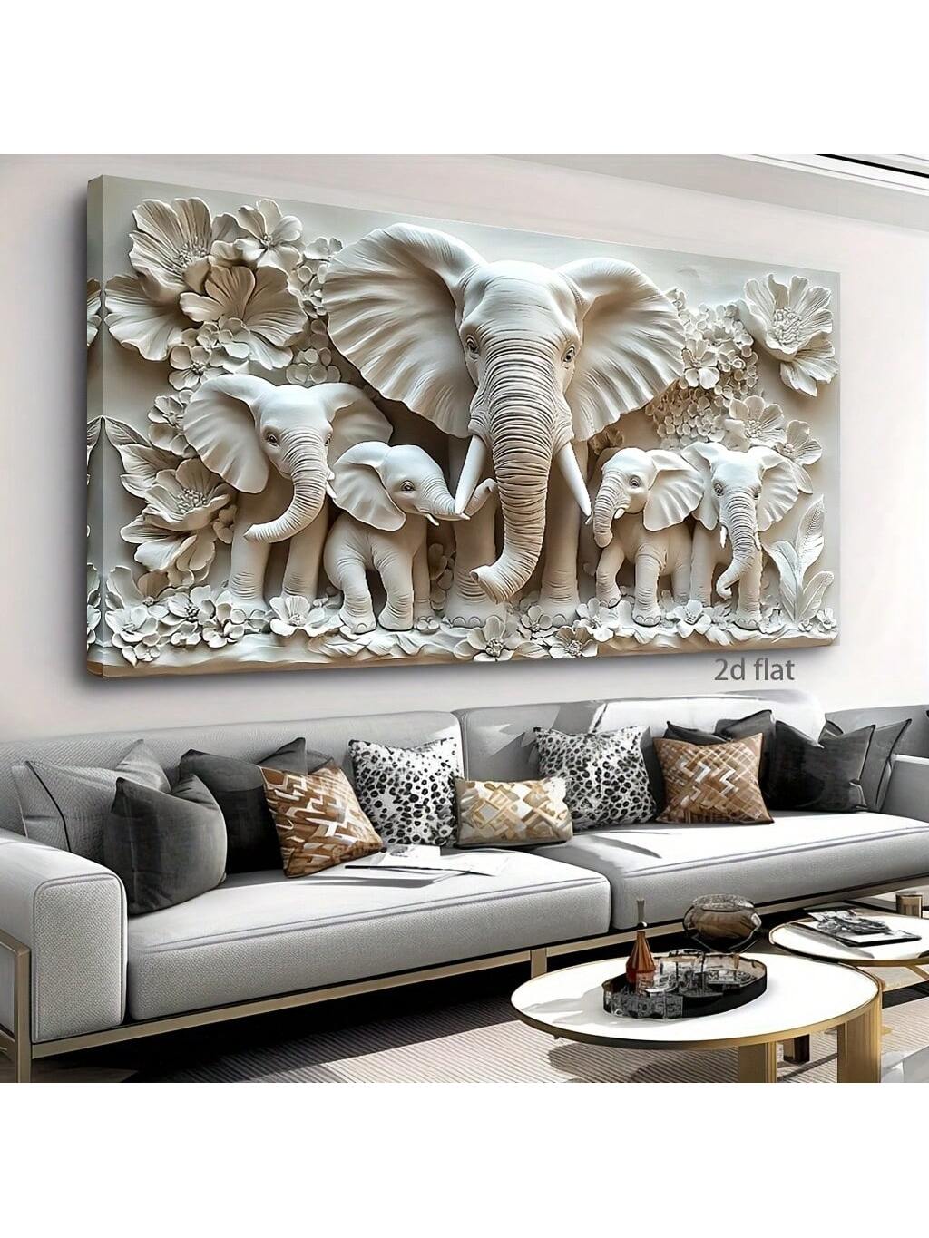 Elevate your interior with this frameless 2D elephant relief wall art, designed to add a sophisticated contemporary touch to any space. Crafted with precision, its subtle texture and minimalist style make it an ideal decoration for living rooms, bedrooms, kitchens, or bathrooms. This versatile piece enhances your environment without overwhelming it, offering a refined aesthetic that complements modern décor seamlessly.