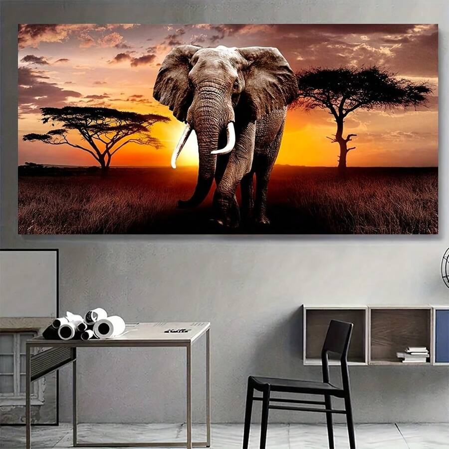 Bring the majesty of African wildlife into your space with this stunning frameless canvas poster. Featuring a modern realism depiction of an elephant silhouetted against a breathtaking sunset, this piece combines artistic elegance with contemporary design sensibilities. Crafted on premium canvas with waterproof properties, this unframed painting is perfect for home offices and living spaces seeking a bold focal point.