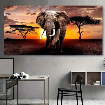 Bring the majesty of African wildlife into your space with this stunning frameless canvas poster. Featuring a modern realism depiction of an elephant silhouetted against a breathtaking sunset, this piece combines artistic elegance with contemporary design sensibilities. Crafted on premium canvas with waterproof properties, this unframed painting is perfect for home offices and living spaces seeking a bold focal point.