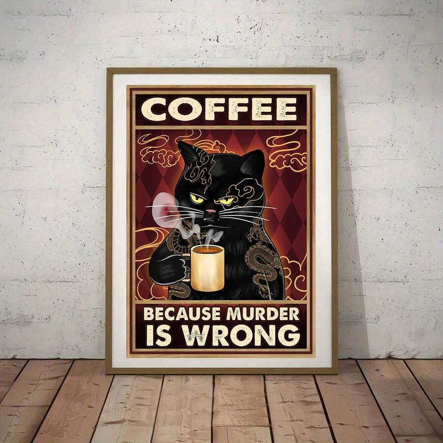 Bring cozy charm to your space with this delightful frameless black cat canvas poster. Perfect for cat lovers, this retro-inspired artwork features a playful feline design that complements any room—from your living room to kitchen. The waterproof canvas ensures durability and easy maintenance, making it ideal for high-moisture areas. Pair it with your favorite coffee mug for the ultimate cat-themed décor moment. Whether you're decorating a home office or adding personality to your walls, this unframed paint