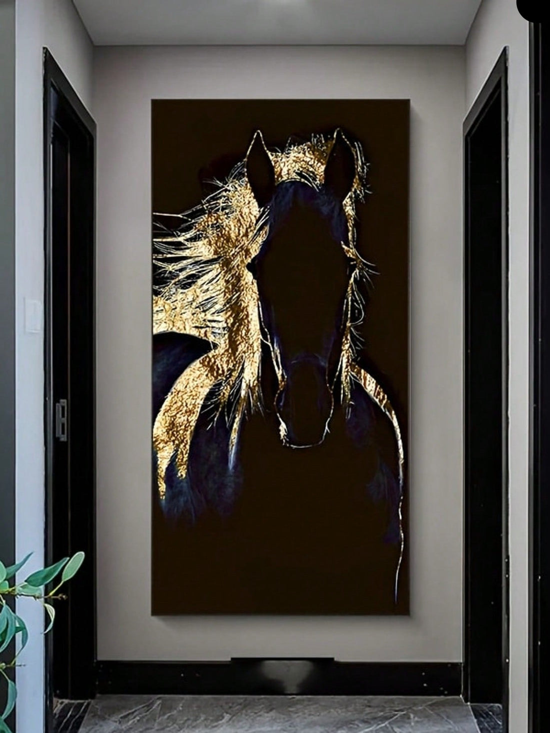 Elevate your living space with this frameless black and gold horse canvas art print. Its modern minimalist design blends sleek lines and bold contrasts to create a striking focal point, ideal for sophisticated home accents. Crafted for seamless wall integration, this piece adds refined elegance and dynamic energy to any room without overwhelming existing decor. Perfect for those seeking subtle yet impactful artwork that complements a contemporary aesthetic.