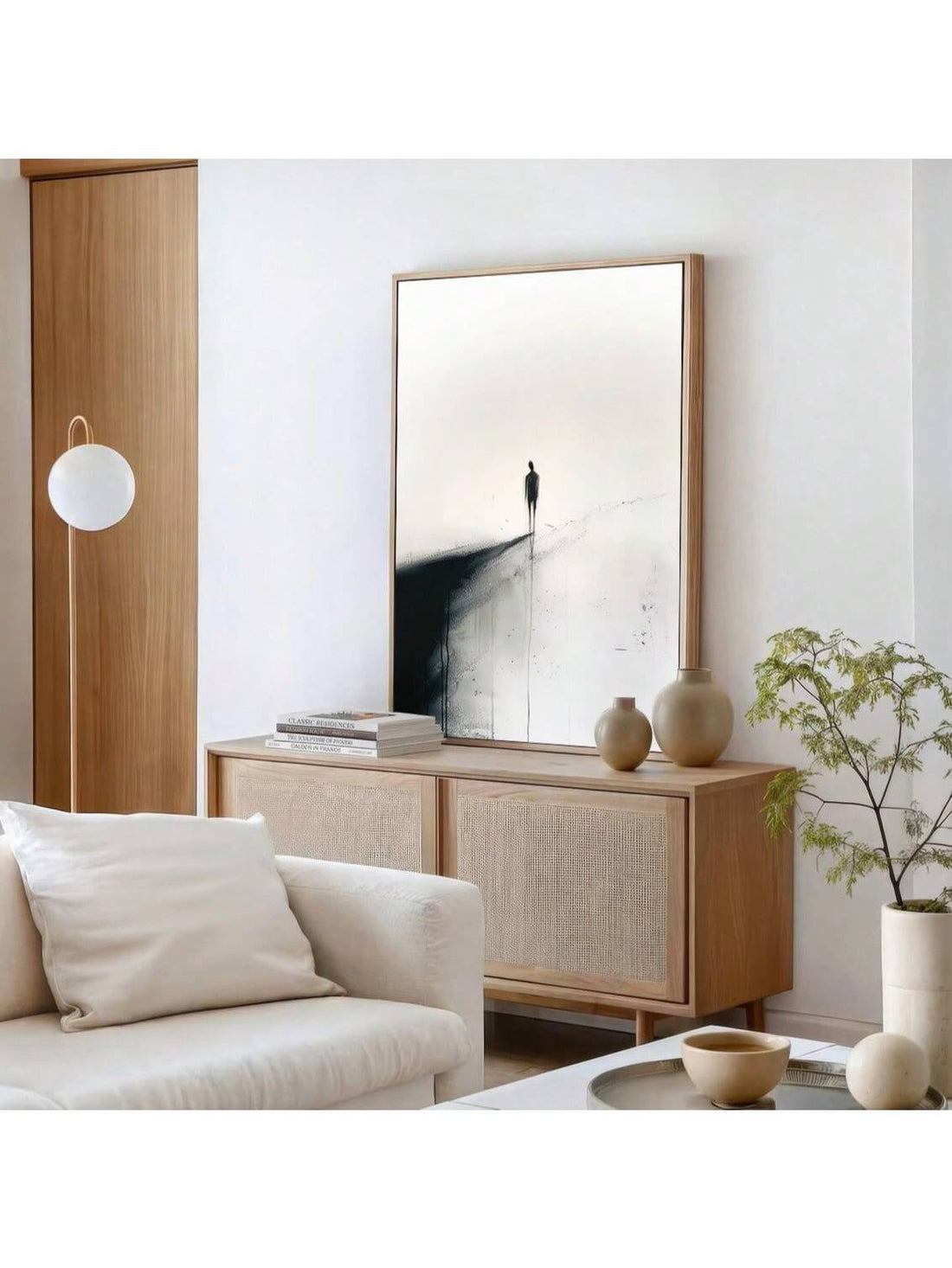 Elevate your living space with this frameless black and white abstract figure canvas print. Its minimalist design captures emotional depth through simple yet striking lines, making it an ideal piece for modern home decor. The absence of a frame enhances its contemporary appeal, allowing the artwork to seamlessly blend into any room while adding a sophisticated artistic touch. Perfect for those seeking subtle elegance and expressive art in their interiors.