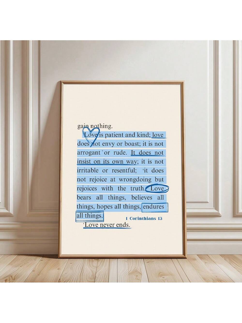 Elevate your living space with this frameless blue canvas featuring a minimalist Christian love quote. Designed for modern home decor, this scripture print offers a serene and inspiring focal point that complements any room. Its clean, borderless design enhances the message’s clarity, making it a meaningful addition for those seeking faith-based art with contemporary style.