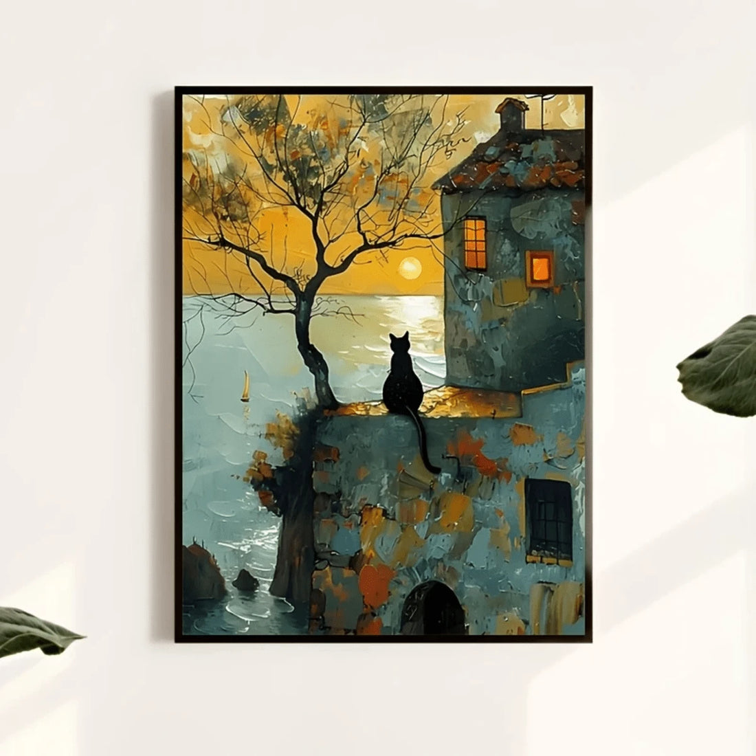 Bring warmth and charm to your space with this delightful frameless oil painting poster featuring a cute black cat silhouetted against a stunning sunrise. Perfect for modern home décor, this canvas artwork combines artistic appeal with practical benefits. Crafted on high-quality canvas, this unframed hanging painting is waterproof and removable, making it ideal for renters and those who love to refresh their décor.