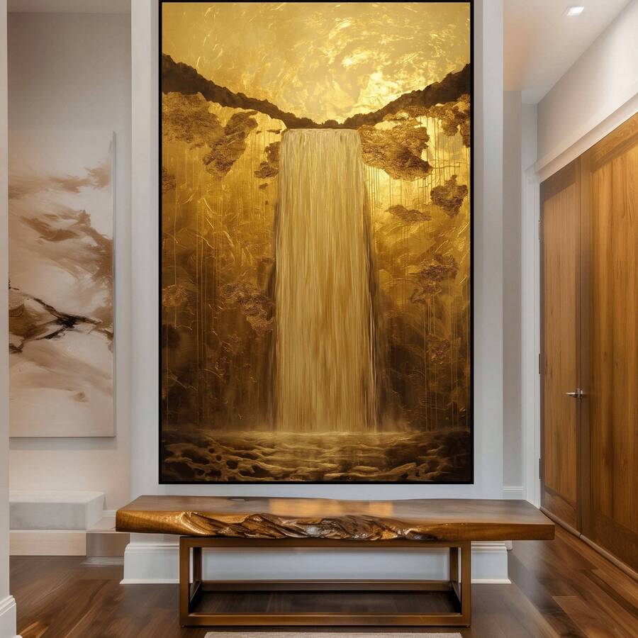 Elevate your space with this stunning golden waterfall canvas poster, where luxury meets contemporary design. Featuring a mesmerizing graphic pattern inspired by nature's flowing beauty, this modern artwork brings sophistication to any room. Crafted on premium canvas with waterproof properties, it resists moisture and maintains its vibrant metallic finish for years. The frameless design offers versatile styling—display it unframed for a minimalist aesthetic or add your own frame for a personalized touch. Pe