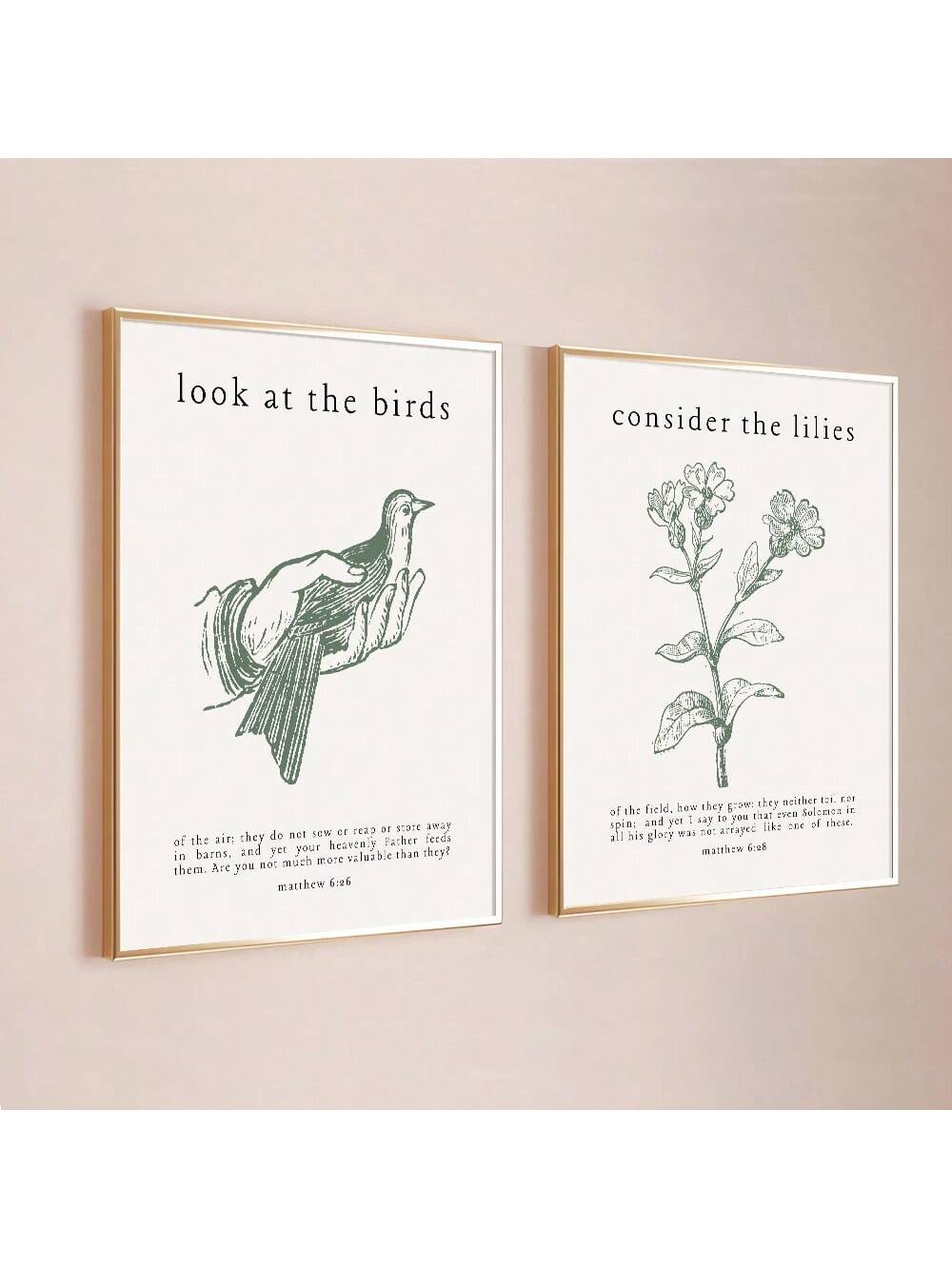 Elevate your living space with this Frameless Green Birds &amp; Lilies Wall Art Set, featuring minimalist canvas prints that seamlessly blend nature-inspired design with meaningful Bible verses. Crafted without frames, these prints offer a clean, modern aesthetic ideal for contemporary home decor. The subtle green hues and delicate floral and bird motifs create a calming atmosphere, while the inspirational scripture adds depth and reflection to your environment. Perfect for those seeking a sophisticated yet