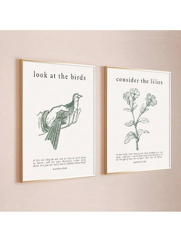 Elevate your living space with this Frameless Green Birds &amp; Lilies Wall Art Set, featuring minimalist canvas prints that seamlessly blend nature-inspired design with meaningful Bible verses. Crafted without frames, these prints offer a clean, modern aesthetic ideal for contemporary home decor. The subtle green hues and delicate floral and bird motifs create a calming atmosphere, while the inspirational scripture adds depth and reflection to your environment. Perfect for those seeking a sophisticated yet