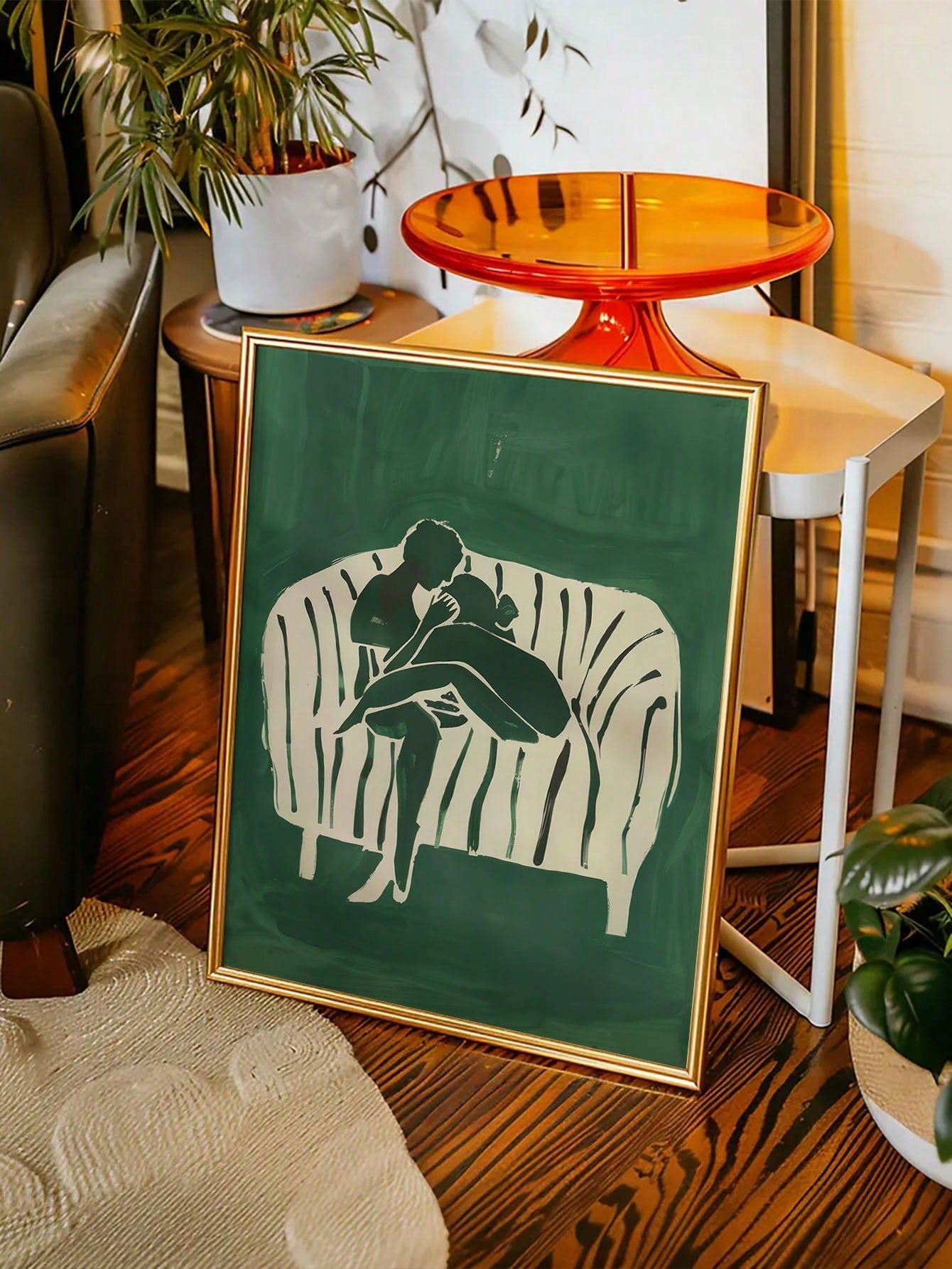 Add a touch of sophistication to your home or office with this Frameless Green Striped Canvas Poster. Its retro minimalist design and surrealistic elements create a unique and artistic atmosphere. Made from durable canvas, it is perfect for long-lasting wall decor. Elevate your space with this stylish and modern piece.