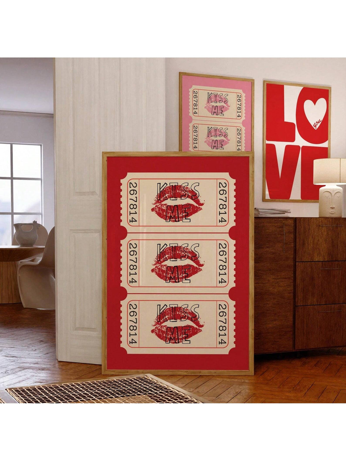 Elevate your space with this striking vintage-inspired wall art featuring an iconic kiss ticket motif in rich red tones. Perfect for bedrooms, living rooms, or creative spaces, this frameless poster captures a nostalgic aesthetic that complements modern and eclectic interiors alike. 