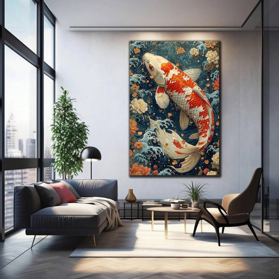 Bring serene elegance to your space with this frameless modern koi fish canvas art. Featuring a striking animal pattern design, this unframed painting showcases fluid brushwork and contemporary aesthetics perfect for living rooms and bedrooms alike. Crafted on premium canvas with waterproof properties, it resists moisture and maintains its vibrant colors over time. The frameless design offers versatile styling options—display it as-is for a minimalist look or add your own frame to match your décor. Transfor