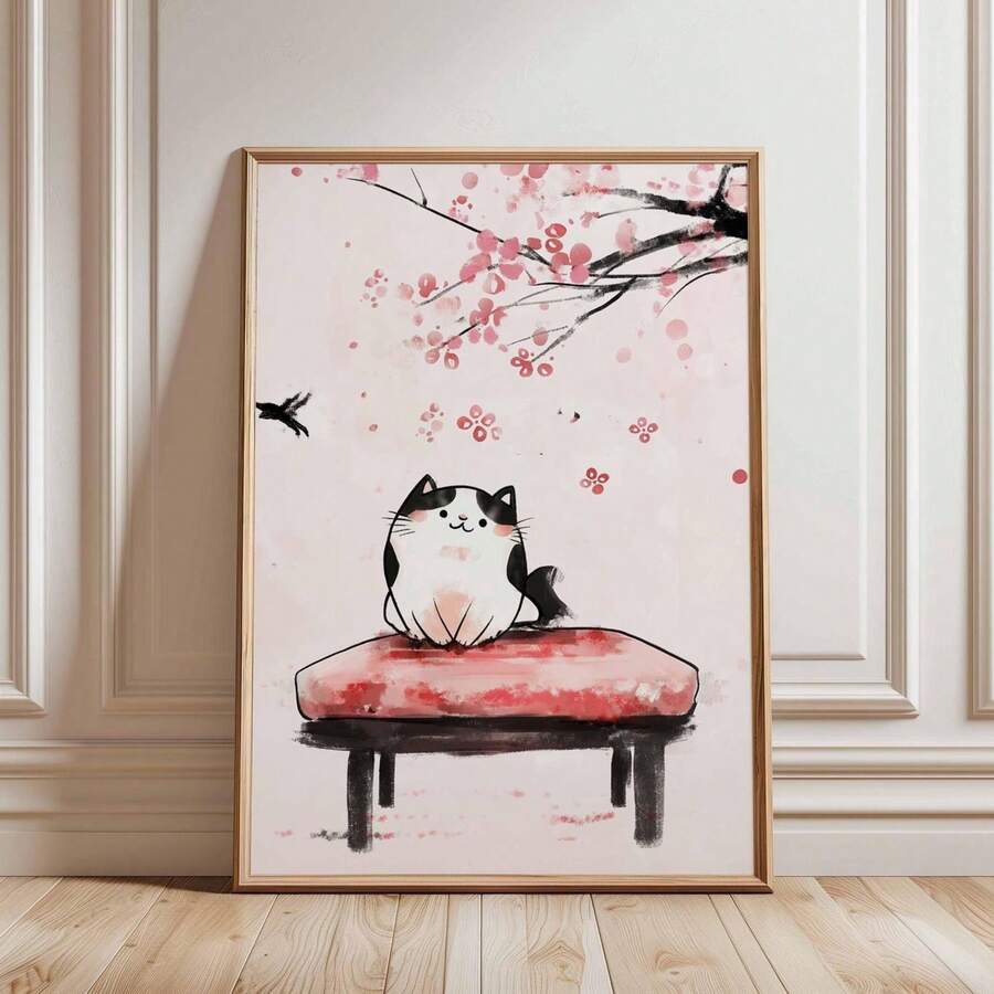 Bring whimsical charm to your space with this frameless Sakura Cat Poster. Featuring delicate Japanese pink floral designs paired with adorable cat illustrations, this modern canvas art blends nature and feline elegance. Perfect for cat lovers seeking unique wall decor, the waterproof canvas ensures lasting beauty in any room—from dining areas to bedrooms. The unframed design offers versatile styling options, letting you customize the presentation to match your aesthetic. Transform your walls with this ench