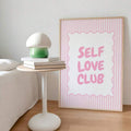 Elevate your space with this Self-Love Club motivational poster—a modern, minimalist canvas that celebrates confidence and positivity. Featuring bold pink stripes and inspiring typography, this unframed painting brings an uplifting message to any room. The waterproof canvas ensures durability, making it perfect for bedrooms, home offices, or dining areas. Simple yet impactful, it's the ideal accent piece for creating a girly, empowering sanctuary that reminds you to prioritize yourself every single day.