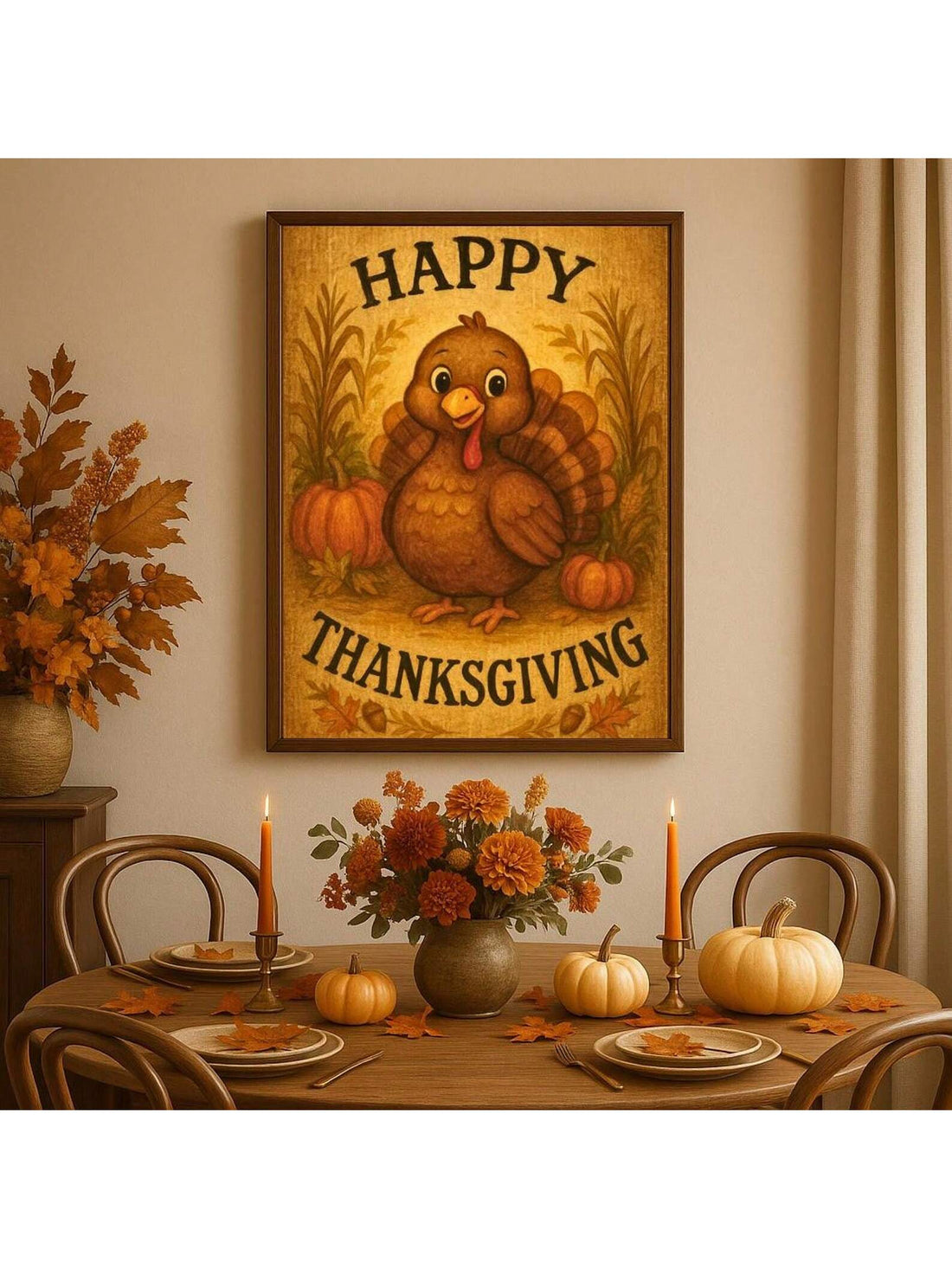 Bring timeless autumn charm to your home with this frameless Thanksgiving wall art. Featuring a carefully curated vintage aesthetic, the design showcases a classic turkey, pumpkin, and maple leaf motif that captures the essence of the season. The retro styling complements both traditional and eclectic interiors, making it an ideal choice for those seeking nostalgic seasonal décor. Ready to display without framing, this print offers effortless installation and versatile placement options throughout your spac