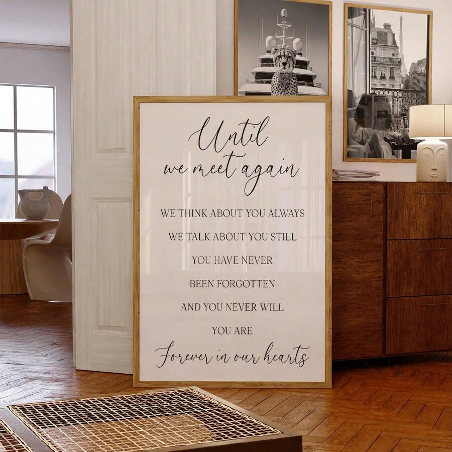 A touching tribute to love and remembrance, this frameless canvas art features elegant black lettering with the poignant message "Until We Meet Again." The minimalist design brings vintage charm to any space, making it perfect for bedrooms, living rooms, or home offices. Crafted on durable, waterproof canvas, this unframed piece offers flexibility in how you display it—mount it directly or add your choice of frame. A meaningful way to honor cherished memories while adding sophisticated decor to your home.