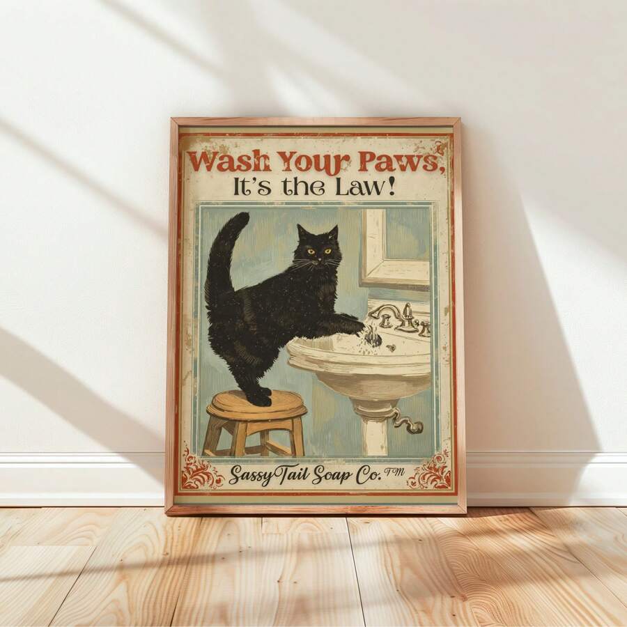 Bring playful charm to your bathroom with this frameless vintage black cat art print. Featuring the whimsical phrase "Wash Your Paws," this piece combines feline humor with timeless style. Perfect for cat lovers and bathroom décor enthusiasts, the multicolor canvas design adds personality to any space. Whether displayed in a bathroom, bedroom, or living room, this charming artwork celebrates your love for cats with a touch of vintage elegance and lighthearted fun.