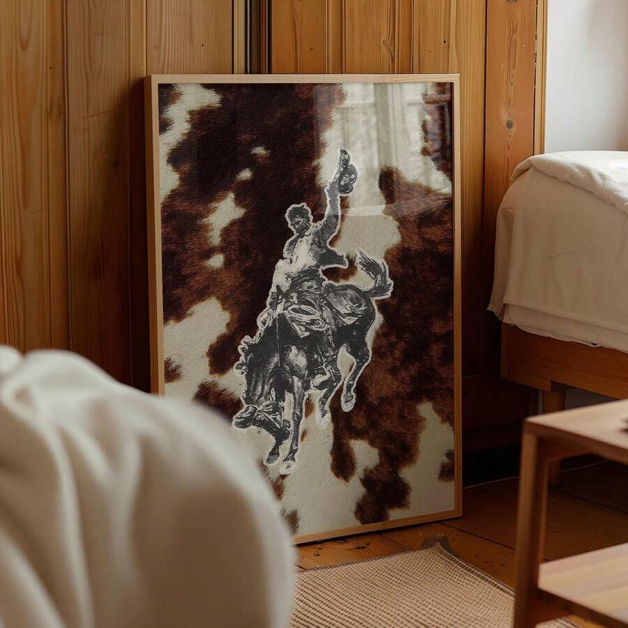 Bring authentic Western charm to your space with this striking vintage cowboy collage poster. Featuring a dynamic mix of retro rodeo imagery, classic figures, and rustic graphic elements, this unframed canvas art captures the spirit of the Old West. Crafted on durable, waterproof canvas, it's built to last in any room—from your dining area to bedroom or living space.