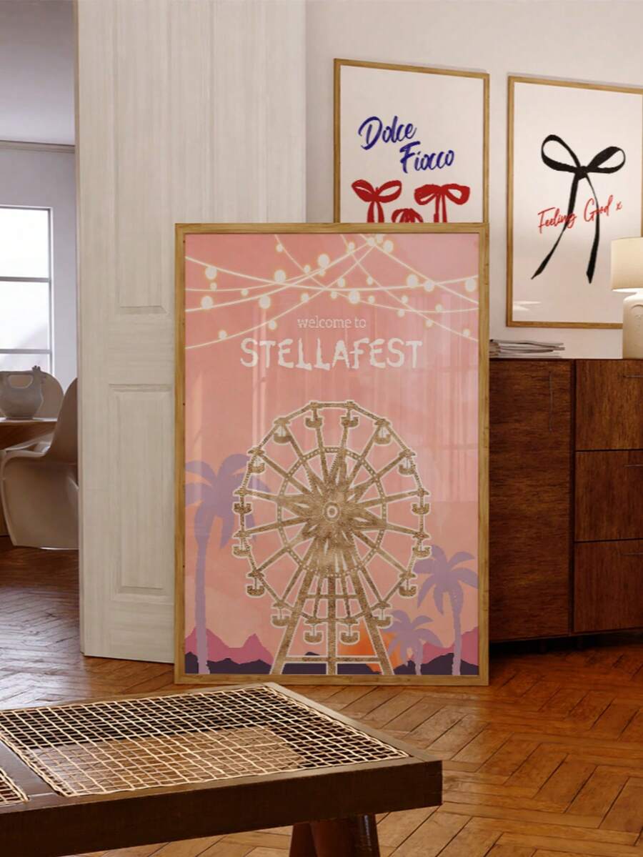 Bring nostalgic carnival charm to your space with this stunning watercolor Golden Ferris Wheel art print. Featuring a dreamy golden ferris wheel paired with swaying palm trees, this bohemian piece captures the essence of summer festival vibes and vintage amusement park aesthetics.
