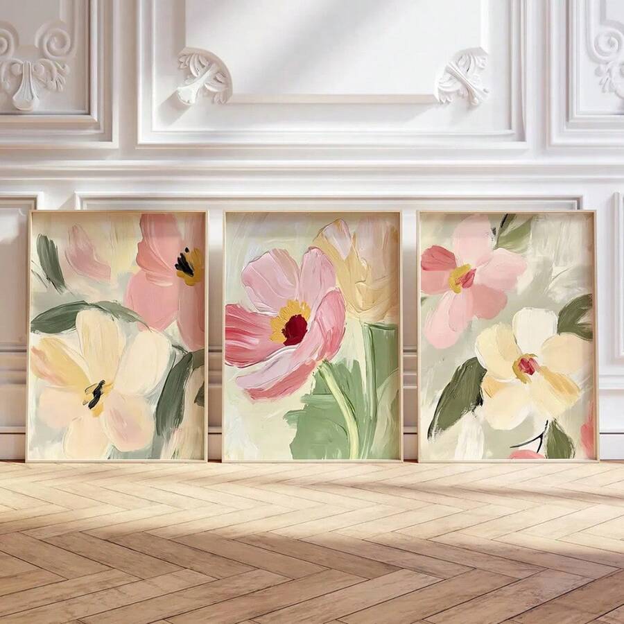 Transform your space with this stunning set of three frameless botanical wall art pieces. Each canvas features abstract wildflower designs in vibrant multicolor tones, perfect for adding natural elegance to any room. The modern aesthetic complements living rooms, bedrooms, and home offices alike.