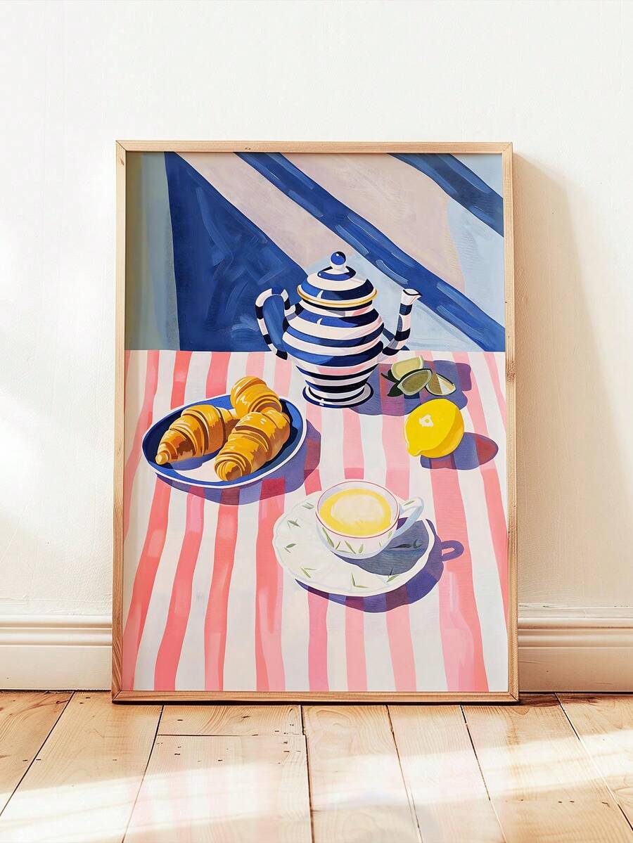 Framed colorful breakfast still life with striped teapot croissants tea cup and lemons on pink tablecloth