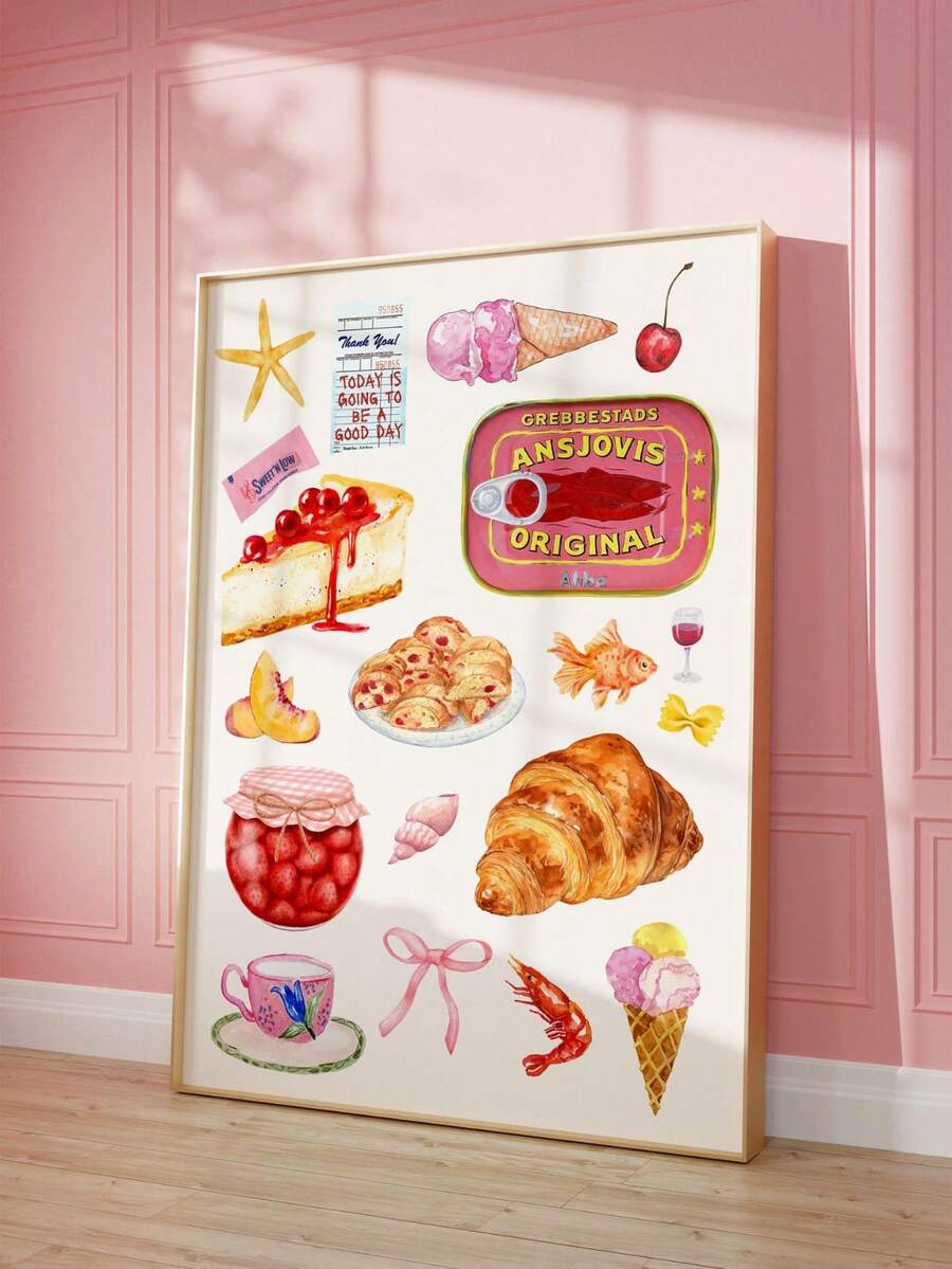 French pastry art framed print with croissant jam cake seafood motifs and soft pink wall