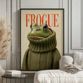 Frogue Magazine fashion frog canvas poster in a black frame on a paneled wall